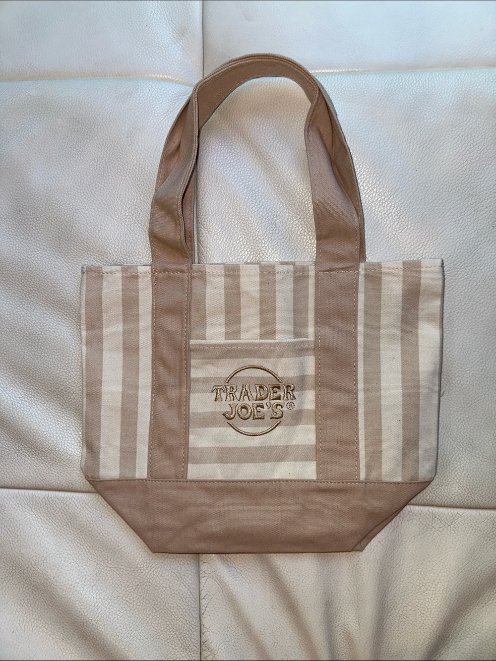 Trader Joe's Striped Mini Canvas Tote Bags Limited Edition in Tan via Off White